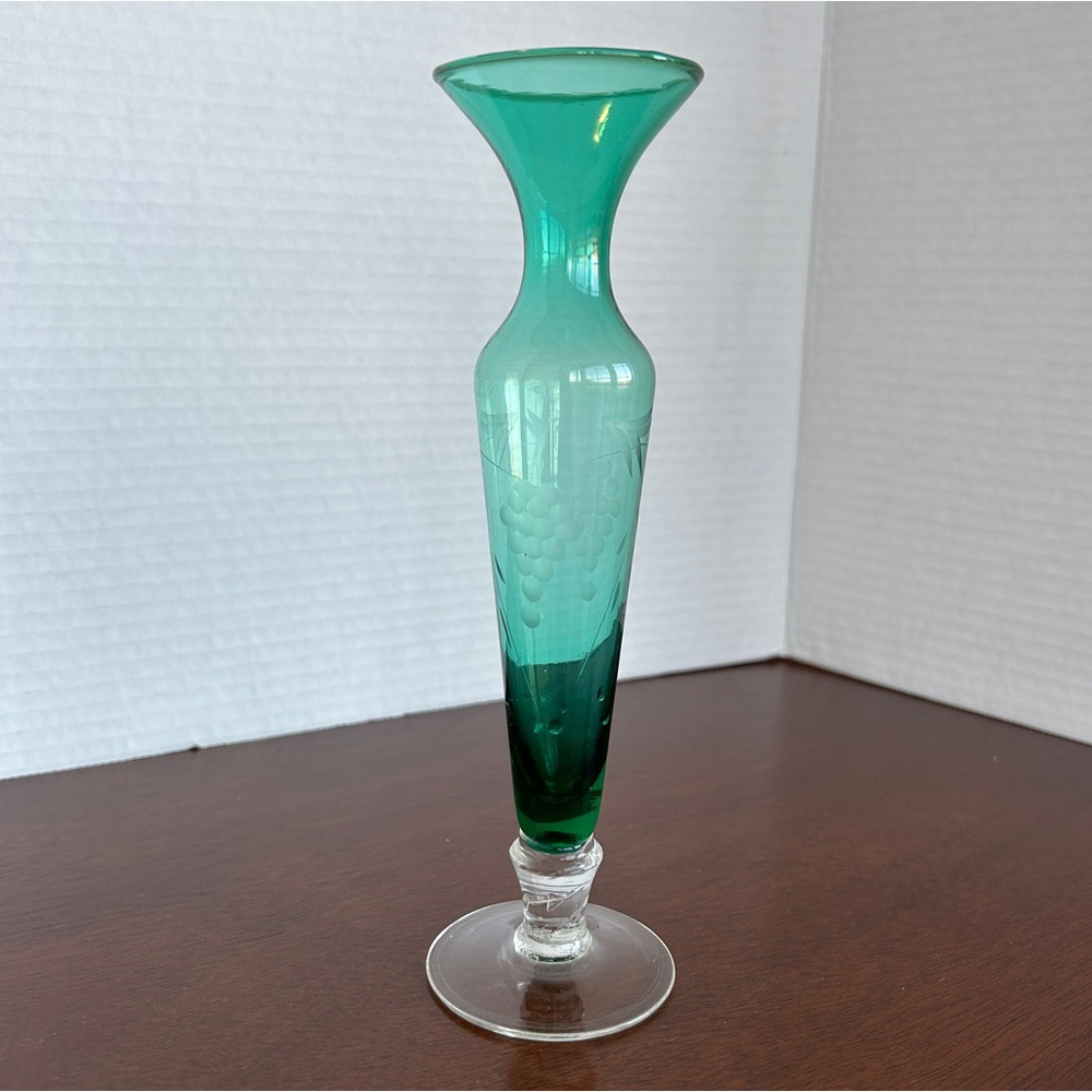 Vintage Green Etched Glass Bud Vase